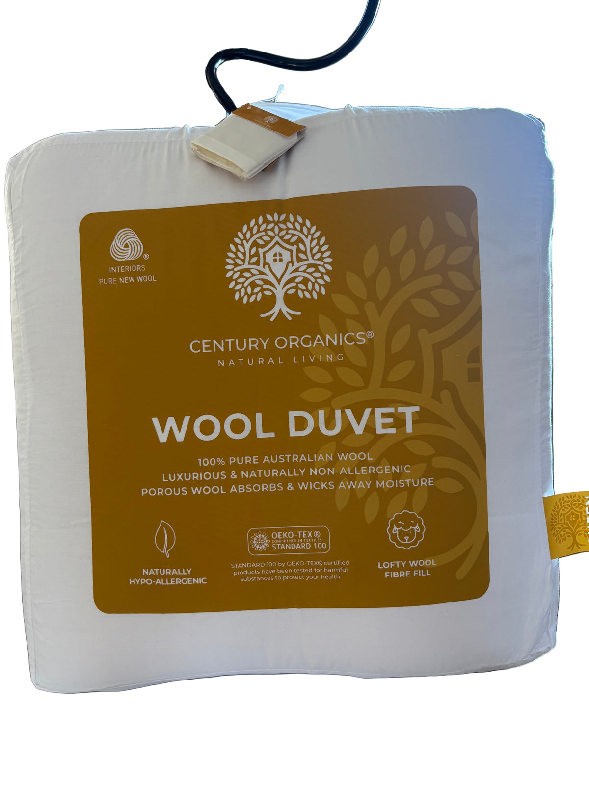 Wool duvet packaging with brand label on a white background