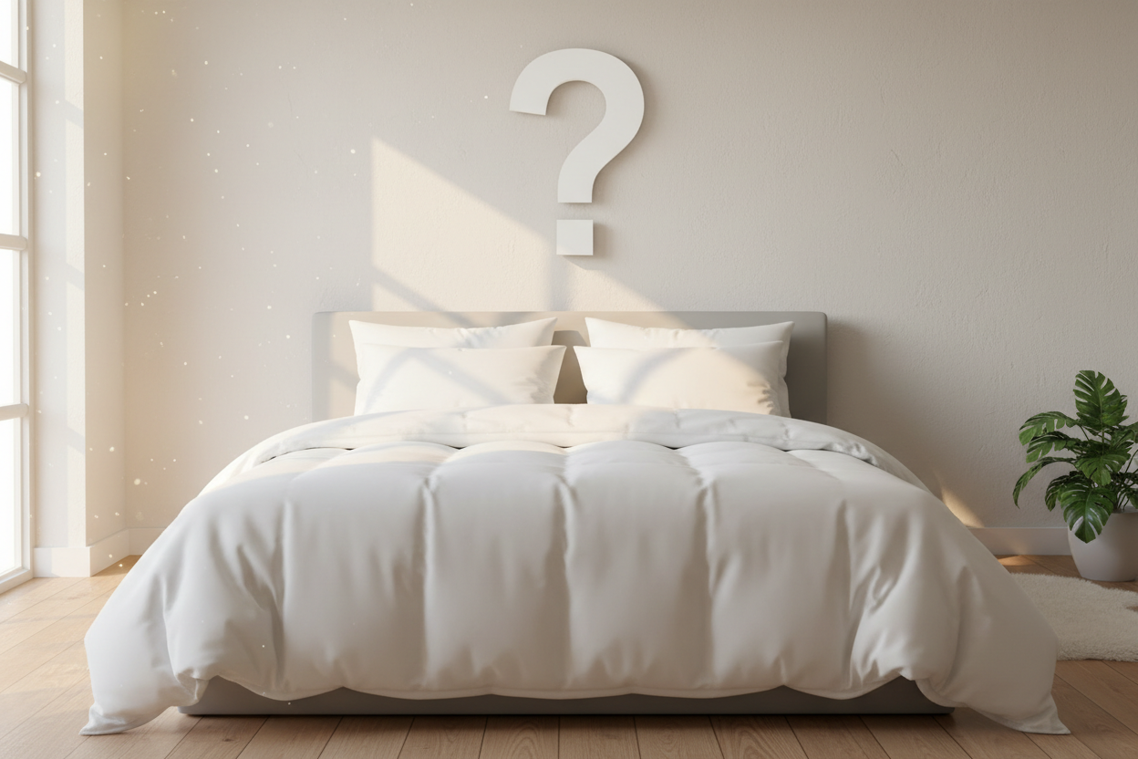 Plush white goose down duvet on a made bed in a bright bedroom, with a question mark on the wall