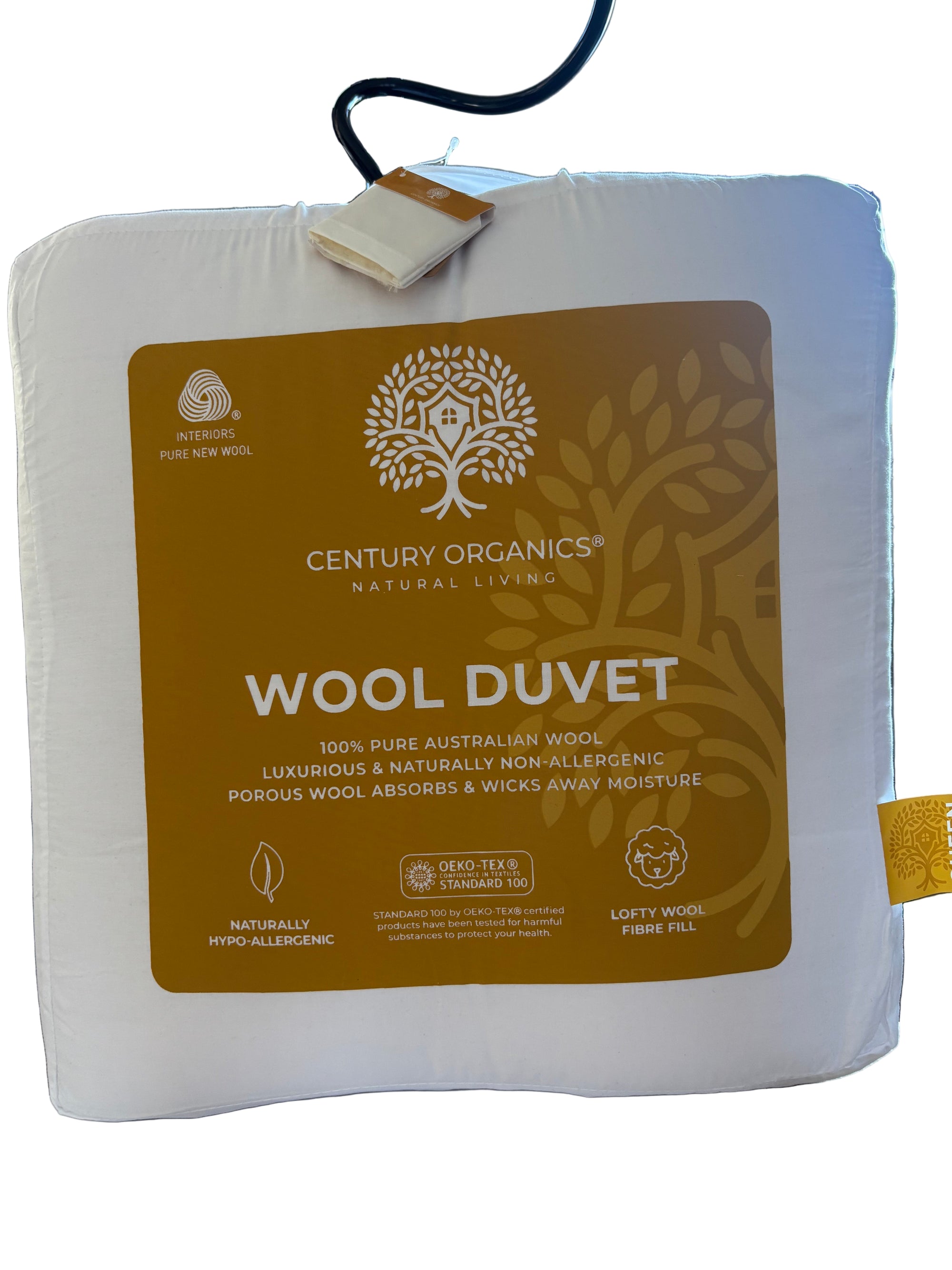 Wool duvet packaging with brand label on a white background
