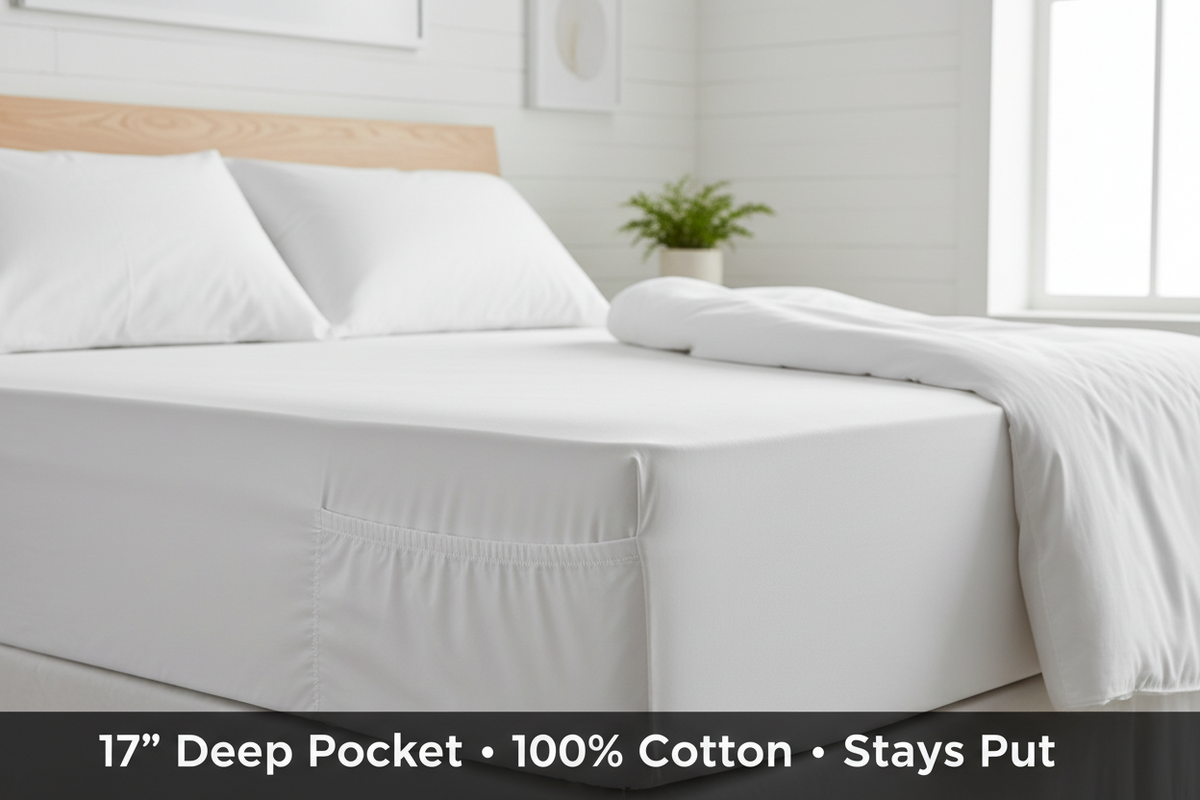 100% cotton fitted sheet showing the 17-inch deep pocket gripping a thick pillow-top mattress corner