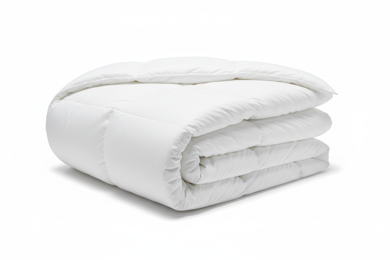 White goose down duvet with TENCEL and organic cotton shell, folded on a bed — 600 fill power, filled in Canada